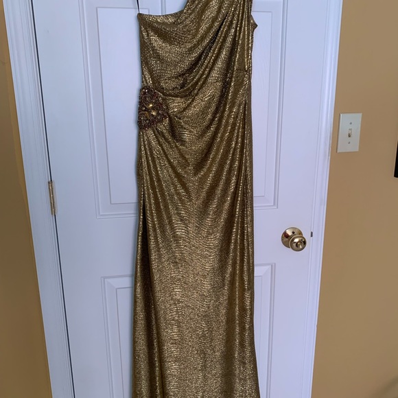 knee length dresses for ladies One-Shoulder Metallic Gown – Elilhaam main image 0